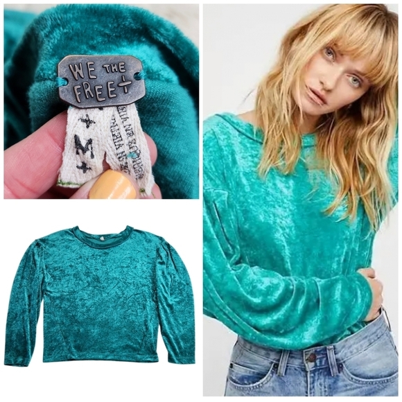 We The Free Sea Green/Teal Milan Crushed Velvet Drop Sleeve Pullover Sweater Med - Picture 1 of 10